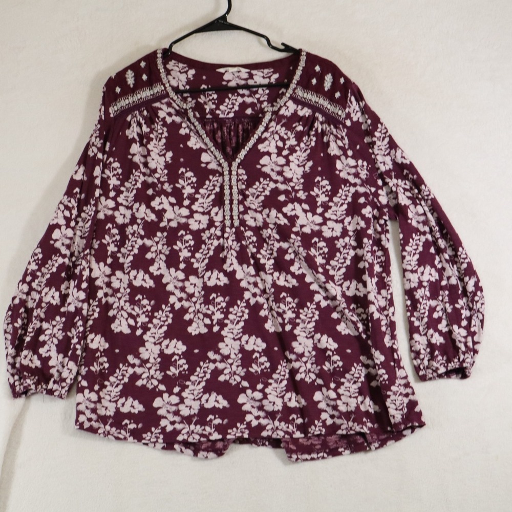 Lucky Brand Women's Peasant Top Blouse Plum Purple Floral Boho Long Sleeve 2X